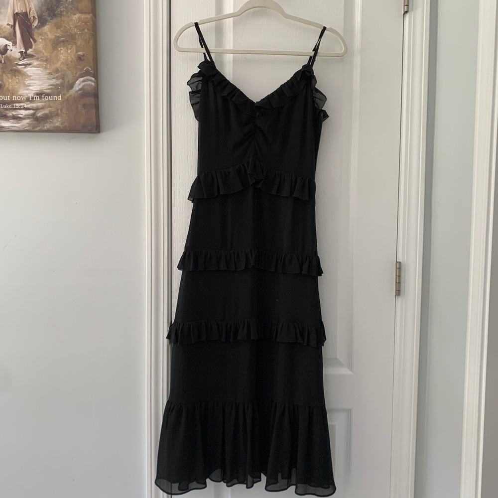 Michael Kors Black Tiered Ruffle Chiffon Midi Dress XS Adjustable Straps